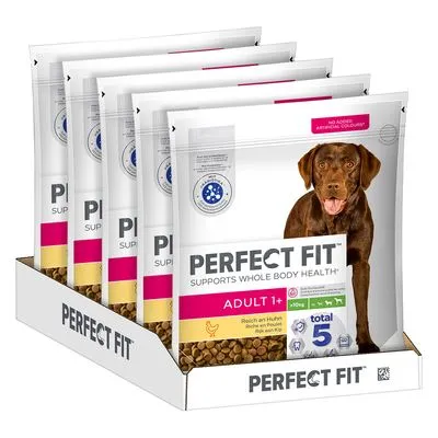 Perfect Fit hondenvoer Adult 1+, rijk aan kip, verpakking met meerdere zakken. Tekst: supports whole body health, total 5, geen kunstmatige kleurstoffen.