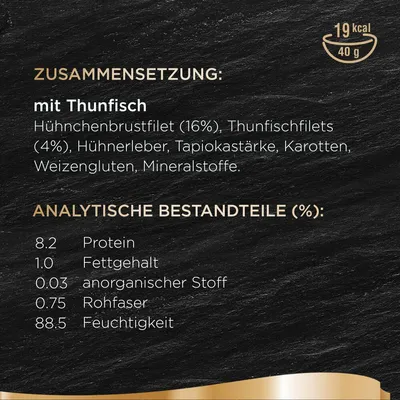 Zusammensetzung: Hühnerbrustfilet (16%), Thunfischfilets (4%), Hühnerleber, Tapiokastärke, Karotten, Weizengluten, Mineralstoffe. Analytische Bestandteile: Protein 8.2%, Fettgehalt 1.0%.