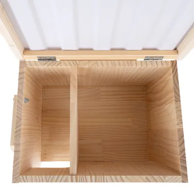 Holzkiste mit zwei Fächern und aufklappbarem Deckel, geeignet zur Aufbewahrung. Sichtbare Scharniere und natürliche Holzmaserung.