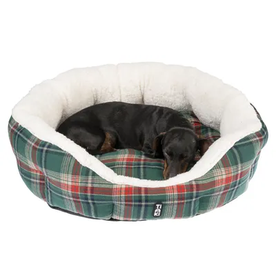Hund schläft in einem runden Hundebett mit grün-rotem Karomuster und weissem Plüschrand. Marke Trixie.