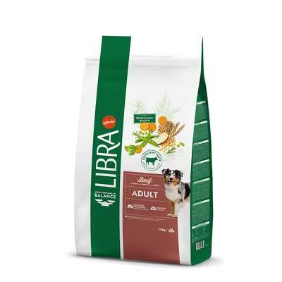 LIBRA Mediterranean Balance Adult Beef dry dog food, 14kg bag. Visible text: affinity, Mediterranean Recipe, Succulent Taste, Digestive Wellbeing, Protein. Image of a dog on pack.