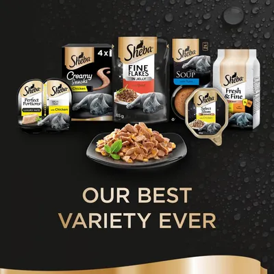 Selection of Sheba wet food products in various flavours and formats with text stating 'Our Best Variety Ever'.