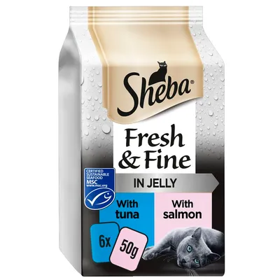 Sheba Fresh & Fine in Jelly, with tuna and salmon, 6 x 50g packs. Certified sustainable seafood MSC.
