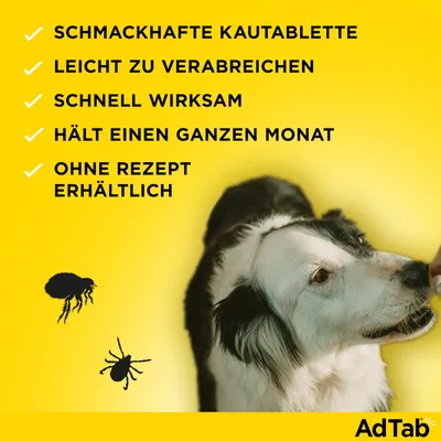 Schmackhafte Kautablette, leicht zu verabreichen, schnell wirksam, hält einen ganzen Monat, ohne Rezept erhältlich. AdTab-Logo sichtbar.
