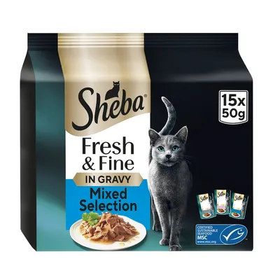 Sheba Fresh & Fine in Gravy Mixed Selection, 15 x 50g pouches. Image shows a plate of food and MSC certified sustainable seafood label.