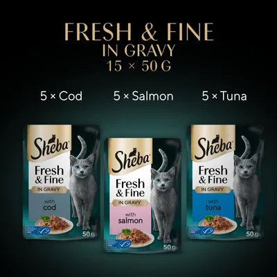 Sheba Fresh & Fine in Gravy, 15 x 50g pouches: 5 cod, 5 salmon, 5 tuna. Image shows three pouch types with flavours and weights.