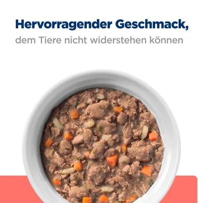 Hervorragender Geschmack, dem Tiere nicht widerstehen können. Gezeigte Schale mit Nassfutter und sichtbaren Fleischstücken, Karotten und anderen Zutaten.