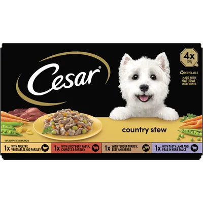 Cesar country stew multipack, 4 x 150g trays. Includes poultry with vegetables and parsley, beef with pasta, carrots and parsley, turkey with beef and herbs, lamb with peas in herb sauce.