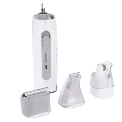 Electric grooming tool with three interchangeable attachments: trimmer, file and clipper head. USB port visible.