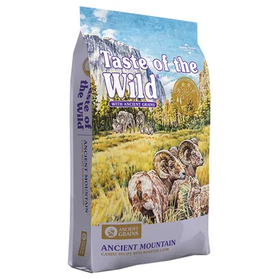 Sac Taste of the Wild with Ancient Grains, ANCIENT MOUNTAIN, recette canine à l’agneau rôti, texte visible : Ancient Grains. Illustration de mouflons et loups en montagne.