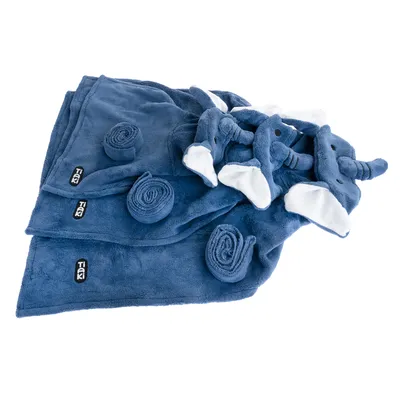 Soft blue blanket with Trixie logo, rolled up and laid flat, includes plush toy in elephant shape with white ears.
