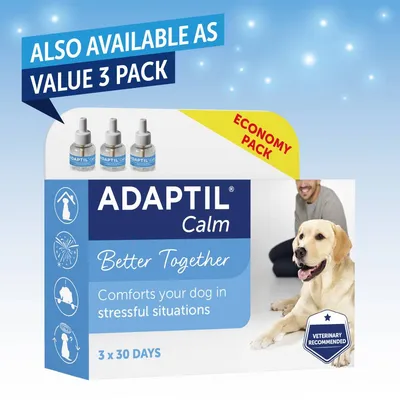 Adaptil Calm economy pack, 3 x 30 days. Also available as value 3 pack. Comforts your dog in stressful situations. Veterinary recommended.