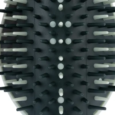 Close-up of a brush with black and white plastic bristles, suitable for coat care.