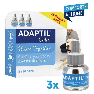 Adaptil Calm economy pack, 3 x 30 days. Comforts your dog in stressful situations such as fireworks or being home alone. Comforts at home. Product bottle and packaging shown.