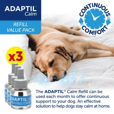ADAPTIL Calm Refill Value Pack, 3 refills. Provides continuous comfort and monthly support to help dogs stay calm at home. Effective calming solution for dogs.