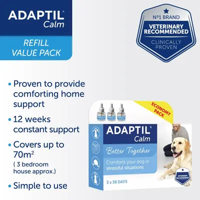 Adaptil Calm refill value pack. Proven to provide comforting home support, 12 weeks constant support, covers up to 70m², simple to use. Veterinary recommended, clinically proven.