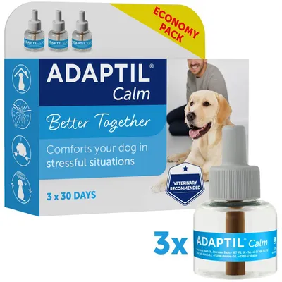 Adaptil Calm economy pack, 3 x 30 days. Comforts your dog in stressful situations. Veterinary recommended. Product bottle and packaging shown.