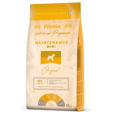 Fitmin Maintenance Mini Original, superprémiové krmivo pro psy, 78 % čerstvého drůbežího masa, bez pšenice, s extraktem z rozmarýnu, péče o zuby a pampeliška. Kompletní krmivo pro malé dospělé psy, 12 kg.