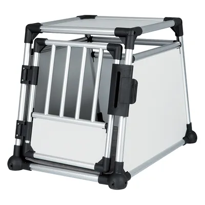 Metal and plastic transport crate with barred front door, solid side panels, and reinforced corners, suitable for secure pet transportation in vehicles.