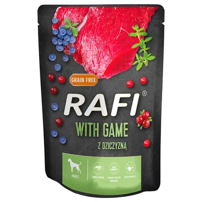 Rafi Grain Free mit Wildfleisch, Adult. Enthält vollständiges Protein, sorgfältig ausgewählte Zutaten, keine Konservierungsstoffe.