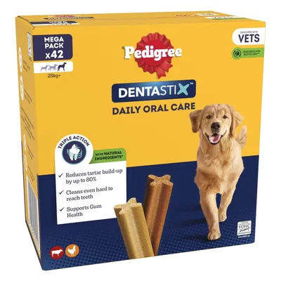 Pedigree Dentastix Daily Oral Care, mega pack of 42. Triple action: reduces tartar build-up by up to 80%, cleans hard to reach teeth, supports gum health. With natural ingredients.