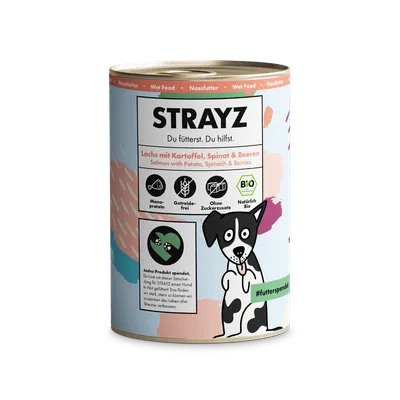 STRAYZ vådfoder laks med kartoffel, spinat & bær. Monoprotein, kornfri, uden tilsat sukker, naturligt økologisk. Hvert produkt støtter hunde i nød. STRAYZ vådfoder laks med kartoffel, spinat & bær. Monoprotein, kornfri, uden tilsat sukker, naturligt økologisk. Hvert produkt støtter hunde i nød.
