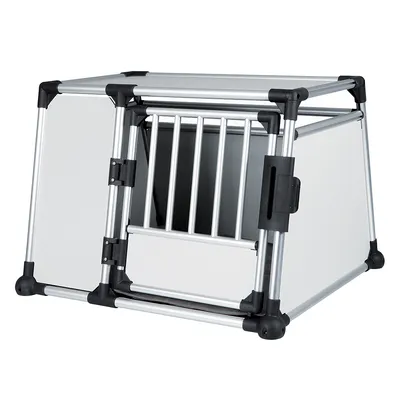 Metal and plastic transport crate with a barred front door, angled sides, and secure locking mechanism, suitable for safe pet transportation in vehicles.