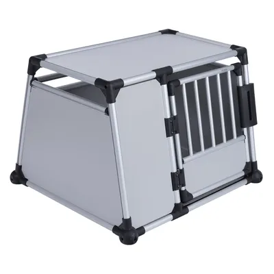 Aluminium transport box with grid door and sturdy corner joints, suitable for safe transport of pets.
