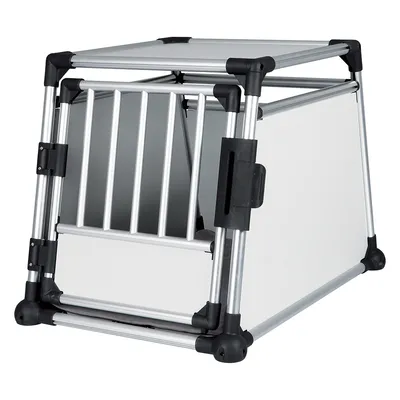 Metal and plastic transport crate with barred front door, solid side panels, and reinforced corners, suitable for secure pet transportation in vehicles.
