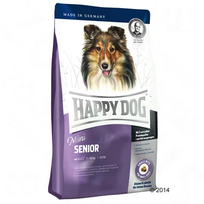 Balenie krmiva Happy Dog Mini Senior, viditeľný nápis Made in Germany, určené pre malé psy 1–10 kg, malé krokety, fialovo-biele balenie s obrázkom psa a textom SENIOR.