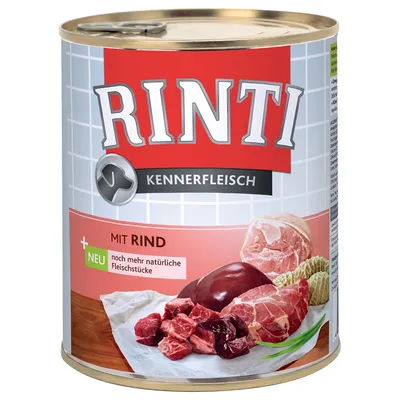 RINTI Kennerfleisch natvoer blik, zichtbare tekst: MIT RIND, NEU noch mehr natürliche Fleischstücke. Afbeelding van rundvleesstukken op de verpakking.
