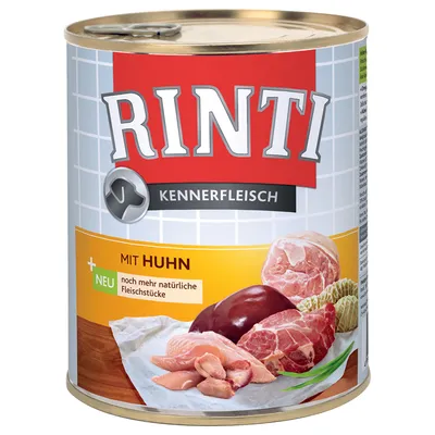 Blik Rinti Kennerfleisch met zichtbaar vlees, tekst: 'MIT HUHN', 'NEU noch mehr natürliche Fleischstücke'.