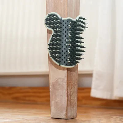 Brush shaped like a bear's head, attached to a wooden post. Suitable for pets' self-grooming by rubbing.