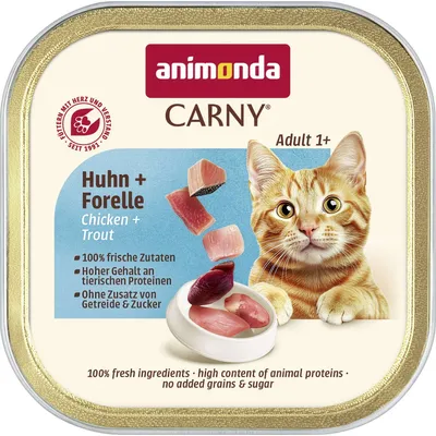 animonda Carny Adult 1+, Kylling og ørred. 100% friske ingredienser, højt indhold af animalske proteiner, uden tilsat korn og sukker.