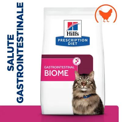 Hill's Prescription Diet Gastrointestinal Biome per gatti, scritta 'SALUTE GASTROINTESTINALE' a sinistra, simbolo arancione di pollo in alto a destra.
