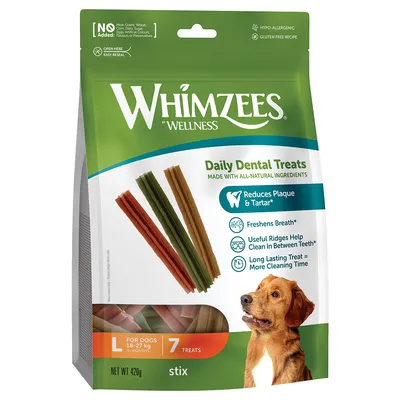 Whimzees Wellness Daily Dental Treats for dogs, 7 sticks, size L, for dogs 18-27 kg, reduces plaque and tartar, hypoallergenic, gluten-free, net weight 420 g.