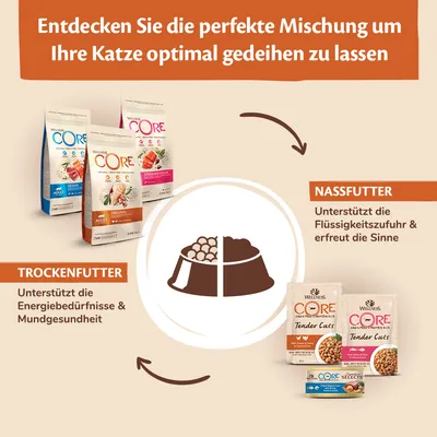 Texte en allemand : Entdecken Sie die perfekte Mischung um Ihre Katze optimal gedeihen zu lassen. Croquettes et pâtées Wellness CORE, descriptions des bienfaits en allemand.