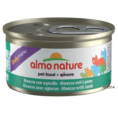 Консерва almo nature Daily Menu, pet food + amore, Mousse with lamb. Текст на английском, итальянском, немецком и французском языках.
