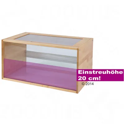 Holzterrarium mit Plexiglasfront und Lüftungsgitter. Einstreuhöhe 20 cm, hervorgehoben in pinkem Bereich.