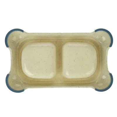 Dublu bol din plastic cu două compartimente și accente albastre în colțuri, potrivit pentru hrană și apă.