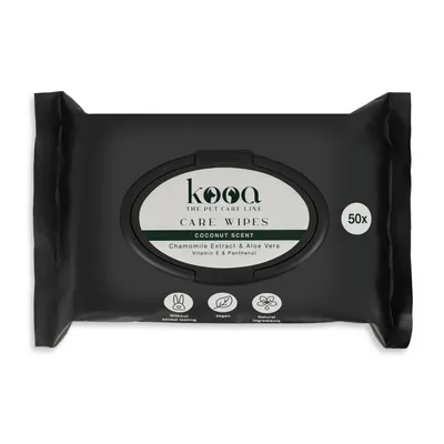 kooa Care Wipes с ароматом кокоса, экстрактом ромашки, алоэ вера, витамином E и пантенолом. 50 штук, веганские, без тестирования на животных, натуральные ингредиенты.