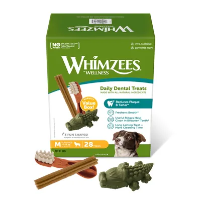 Whimzees Wellness Daily Dental Treats for dogs, hypoallergenic, gluten-free, 28 pieces in 3 shapes: alligator, toothbrush, stix. Reduces plaque and tartar, fresh breath, natural ingredients.