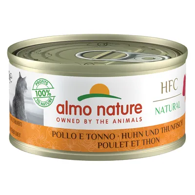 Boîte Almo Nature HFC Natural, poulet et thon. Texte visible : Profits 100% to nature, Owned by the animals, Pollo e tonno, Huhn und Thunfisch, Poulet et thon.