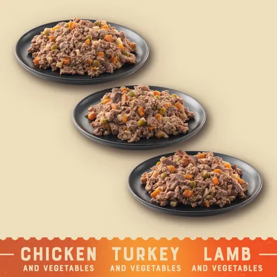 Three plates of food with visible meat and vegetables, labelled as chicken and vegetables, turkey and vegetables, and lamb and vegetables.
