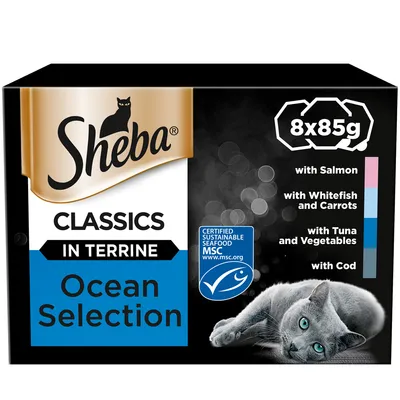 Sheba Classics in Terrine Ocean Selection, 8 x 85g. Includes salmon, whitefish and carrots, tuna and vegetables, cod. MSC certified sustainable seafood.