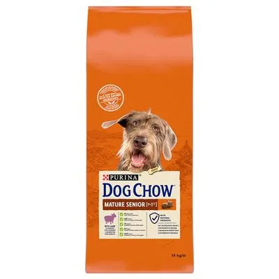 Zak Purina Dog Chow Mature Senior hondenvoer, afbeelding van hond op oranje verpakking, zichtbaar: 14 kg, tekst 'Mature Senior', overzicht ingrediënten en voedingsinformatie.