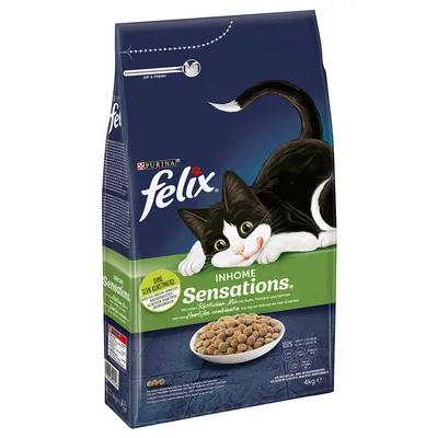 Purina Felix Inhome Sensations, hrană pentru pisici cu pui, curcan și legume, fără coloranți artificiali, pachet de 4 kg.