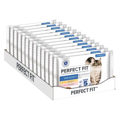 Perfect Fit kattefoder, supports whole body health, indoor 1+, total 5, ingen kunstige farver eller smagsstoffer. Flere portionsposer i displayæske med billede af kat.