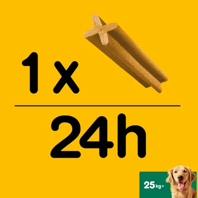 Indicação de dose: 1 stick por dia para cães com mais de 25 kg. Texto visível: 1x, 24h, 25 kg+.