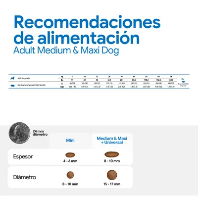 Cantidades recomendadas para Adult Medium & Maxi Dog: tabla con peso, cantidad diaria en gramos y tazas. Comparación de los tamaños de croquetas Mini y Medium & Maxi con diámetro y grosor. Cantidades recomendadas para Adult Medium & Maxi Dog: tabla con peso, cantidad diaria en gramos y tazas. Comparación de los tamaños de croquetas Mini y Medium & Maxi con diámetro y grosor.